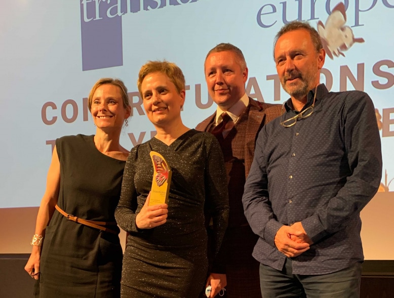 The team picking up the award at the Transform Awards Europe 2021, for Greenwich Design's work with 5G Rural Dorset